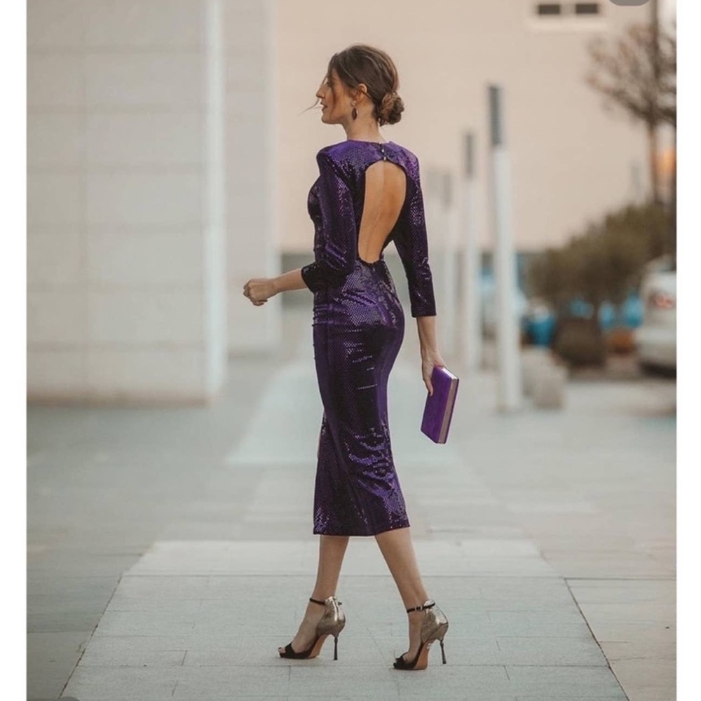 ZARA Festive Season Purple Sequin Velvet Long Sleeve Midi Dress open back Size S